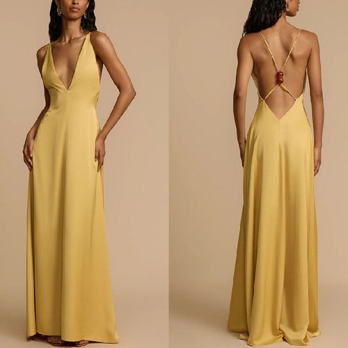 Damen Elegantes Maxikleid mit tiefem V-Ausschnitt und fließendem Schnitt R&B