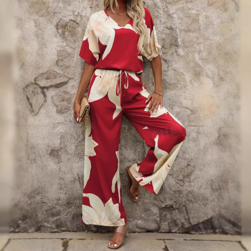 Damen luftiger Hosenanzug mit floralem Print und elastischem Bund R&B