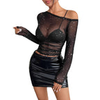 Damen Elegante und transparente Bluse mit Glitzersteinen R&B