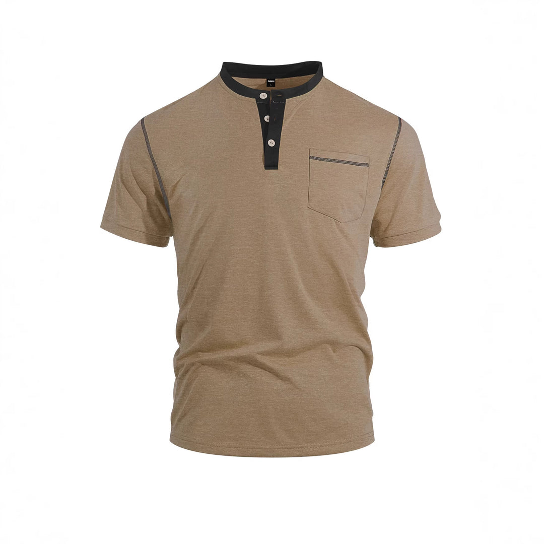 Herren nan legeres Kurzarm-Bandkragenshirt mit Knopfleiste Brusttasche und Flatlocknähten R&B