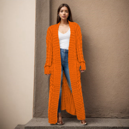 Damen Langer Strickcardigan mit raffiniertem Zopfdesign und praktischen Taschen R&B