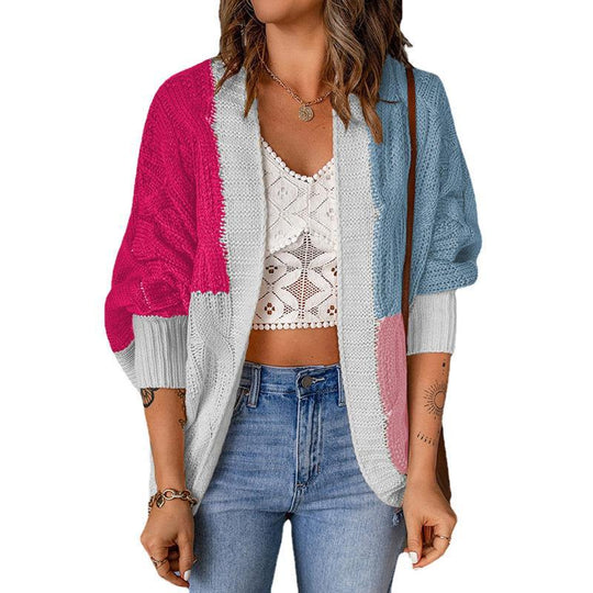 Damen Lockere Strickjacke mit modischem Farbblockdesign und tiefen Taschen R&B