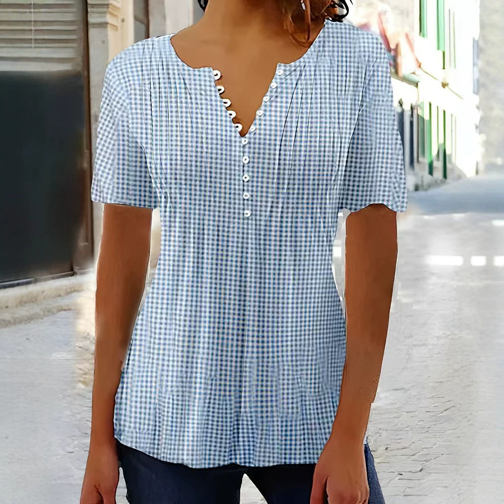 Damen nan leichte Karobluse mit V-Ausschnitt, Zierknopfleiste und Stufenvolant R&B