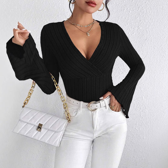 Damen elegantes Wickeloberteil mit Rippstrick und gedrilltem Design R&B