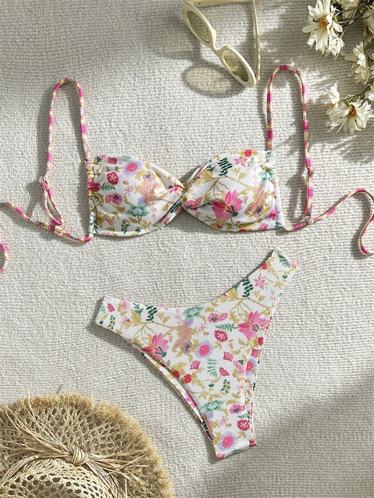 Damen Verschnörkelter Bikini mit floralem Design R&B