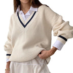 Damen V-Ausschnitt Pullover mit kontrastierenden Streifen R&B