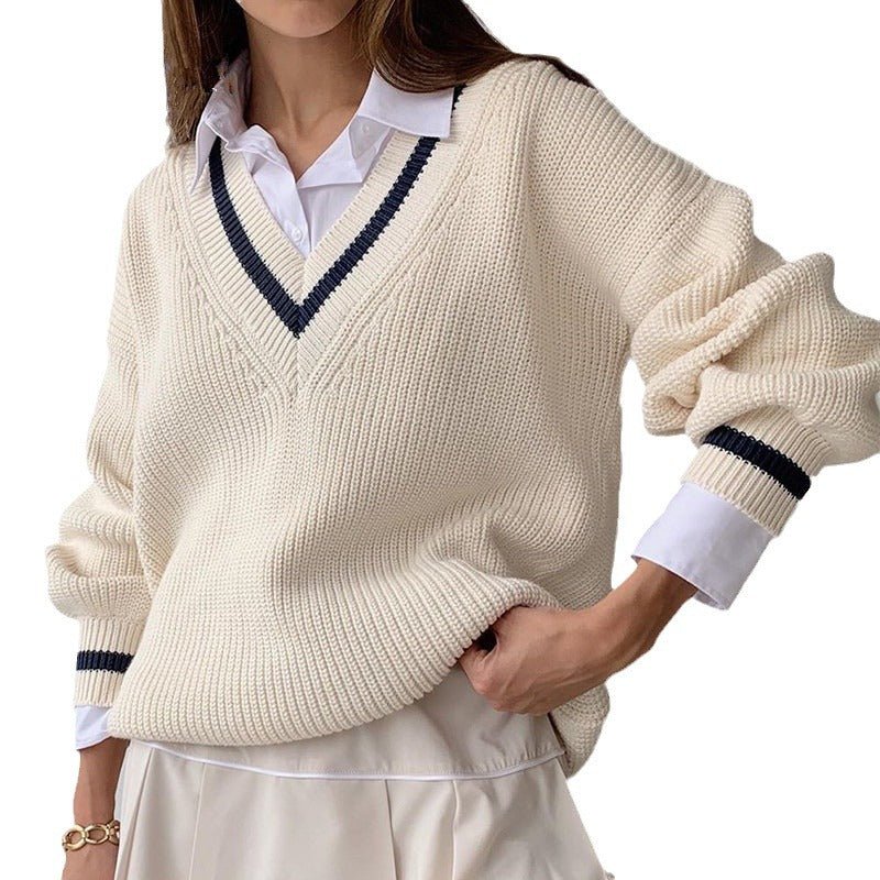 Damen V-Ausschnitt Pullover mit kontrastierenden Streifen R&B