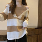Damen V-Ausschnitt Oversized-Pullover mit modischem Streifenmuster und offenem Schulterdesign R&B