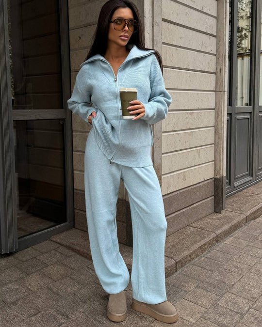 Damen kuscheliger Zip-Pullover mit weitem Kragen und Rippstruktur R&B