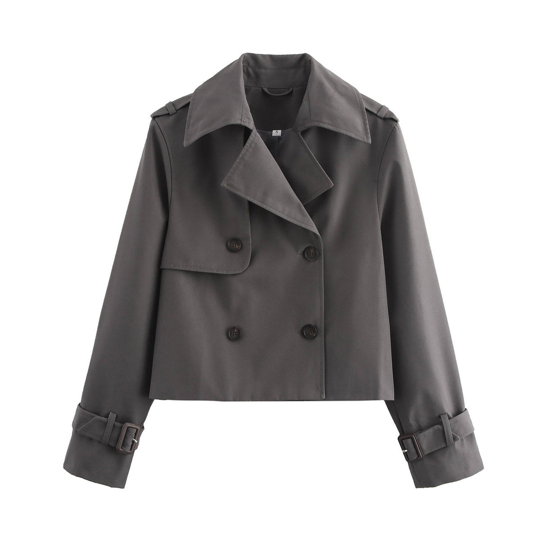 Damen modische Cropped-Trenchjacke mit doppelter Knopfleiste und verstellbaren Ärmeln R&B