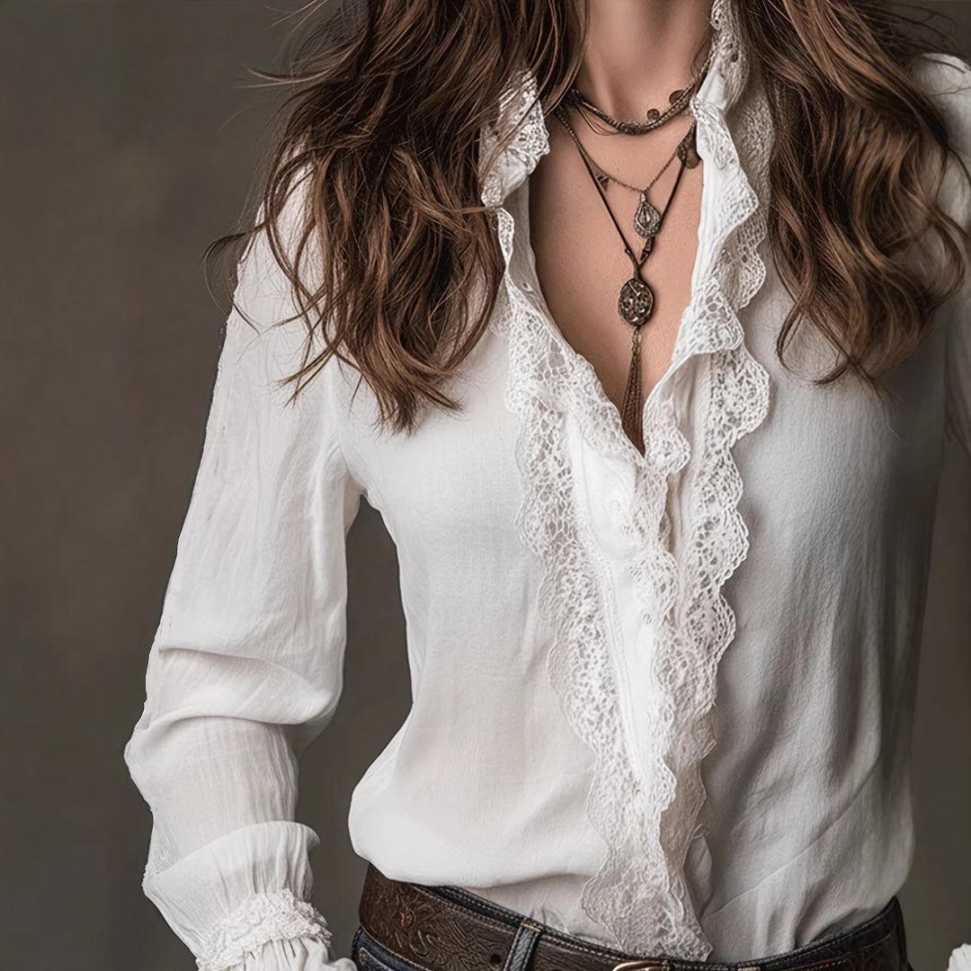 Damen elegante Bluse mit Rüschendetails und Spitzenbesatz R&B