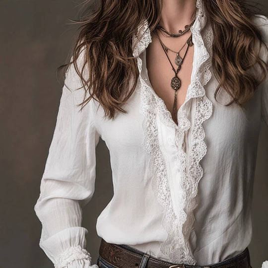 Damen elegante Bluse mit Rüschendetails und Spitzenbesatz R&B