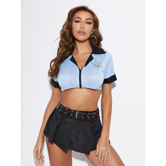 Damen Polizei-Kostüm mit figurbetontem Cropped-Oberteil und schwingendem Minirock R&B