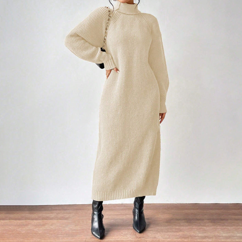 Damen Strickkleid mit hohem Kragen und weiten Ärmeln R&B