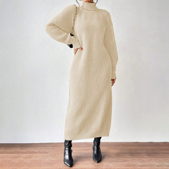 Damen Strickkleid mit hohem Kragen und weiten Ärmeln R&B