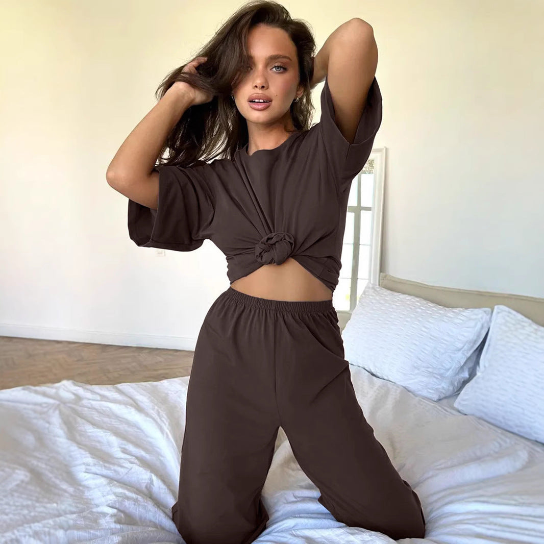 Damen Urbanes Lounge-Set mit geknotetem Oberteil und lockeren Hosen R&B