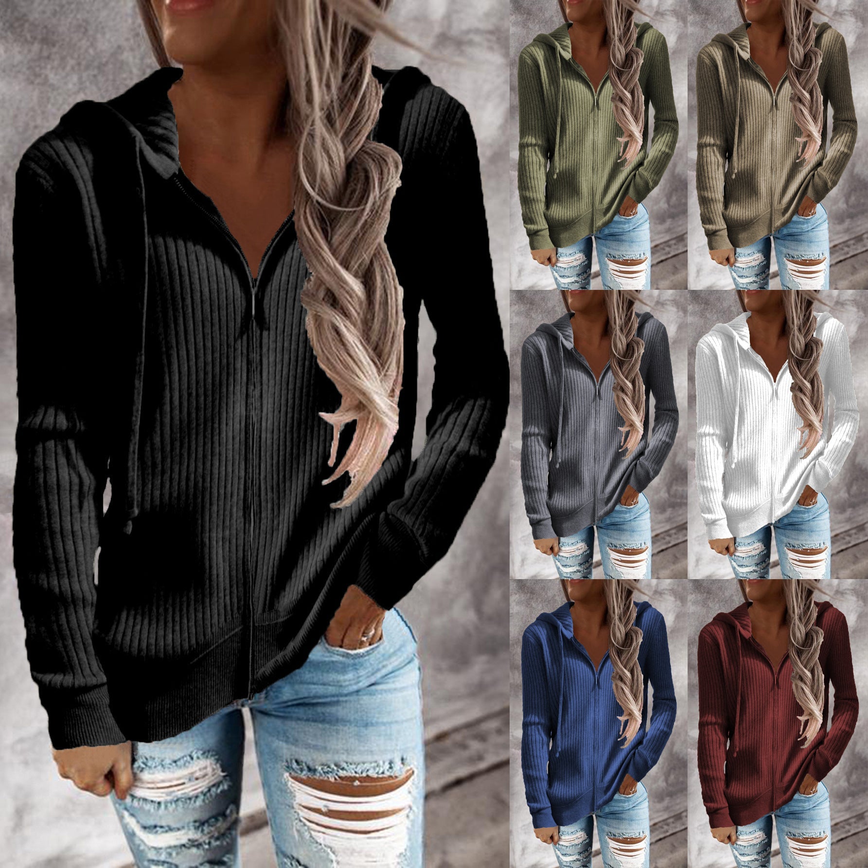 Damen Strickjacke mit Kapuze und Rippstruktur R&B