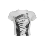 Damen Crop-T-Shirt mit kreativem Katzenmotiv R&B