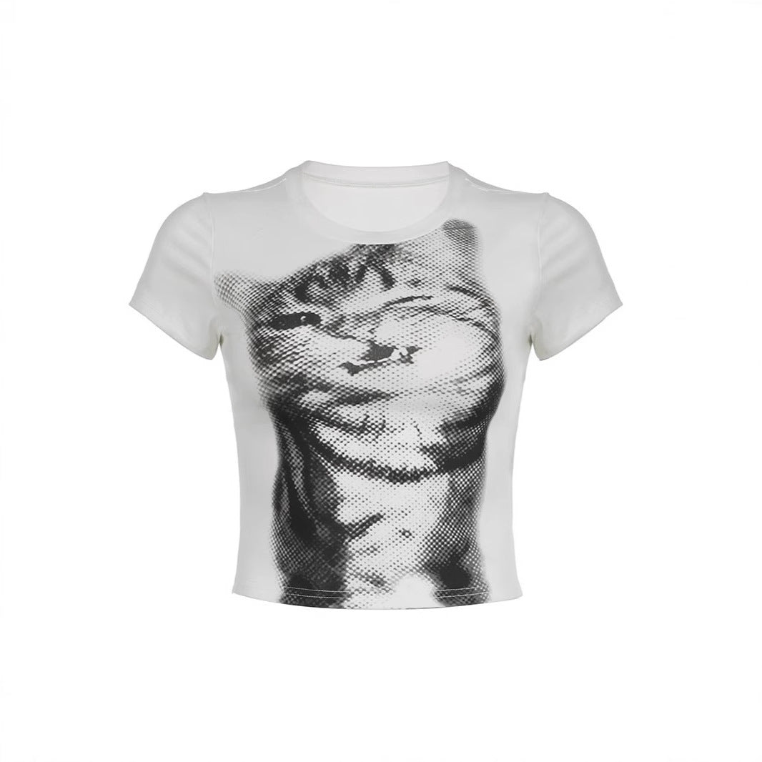 Damen Crop-T-Shirt mit kreativem Katzenmotiv R&B