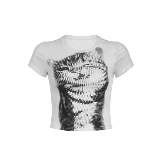 Damen Crop-T-Shirt mit kreativem Katzenmotiv R&B