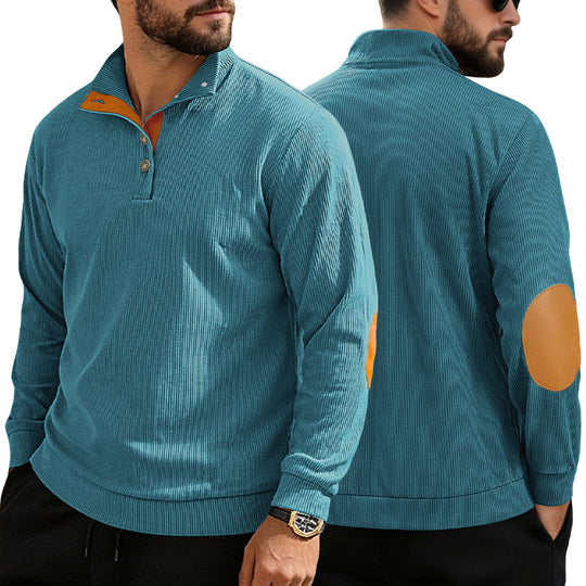 Herren nan lässiger Strukturpullover mit Polokragen, kurzer Knopfleiste und veganen Lederbesätzen R&B
