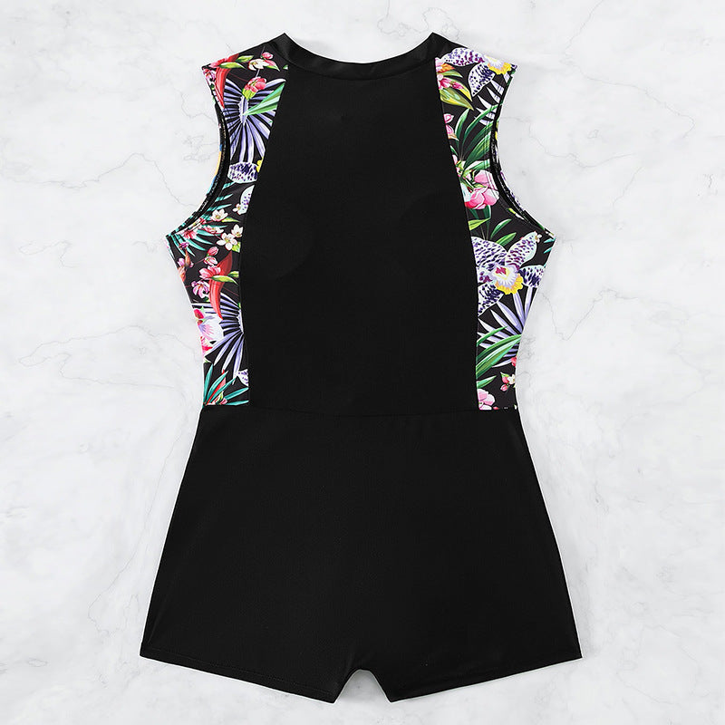 Damen Sport-Einteiler Badeanzug mit floralem Design und modischem Reißverschluss R&B