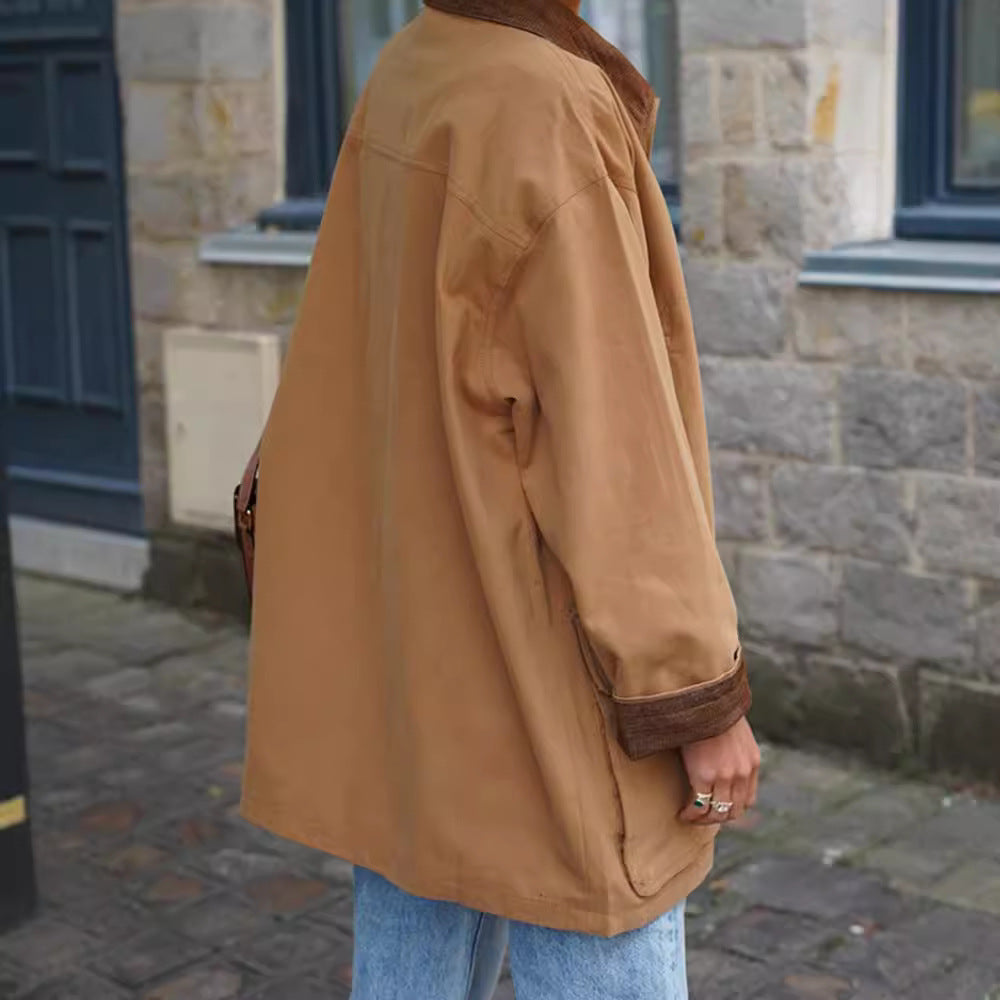 Damen lässige Baumwolljacke mit weichem Kragen und praktischen Taschen R&B