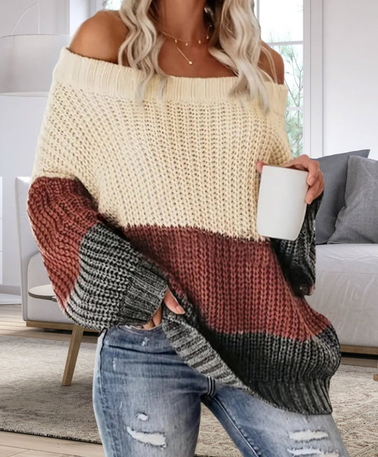 Damen Lässiger Overzise-Strickpullover mit Off-Shoulder-Ausschnitt und angesagtem Farbblockdesign R&B