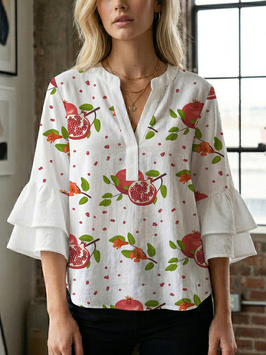 Damen Bluse mit voluminösen Rüschenärmeln und modernem Motiv R&B