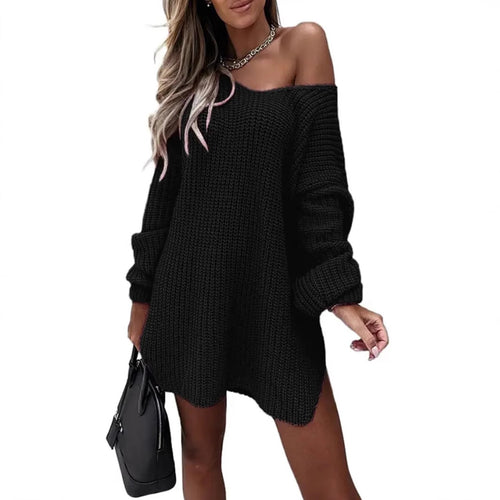 Damen lässiger Strickpullover mit tiefem V-Ausschnitt und ballonförmigen Ärmeln R&B
