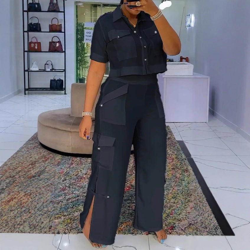 Damen nan zweiteiliges Hemd- und Cargo-Hosen-Set mit kurzem Oversize-Hemd, hoher Taille, weitem Bein und seitlichen Beinschlitzen R&B
