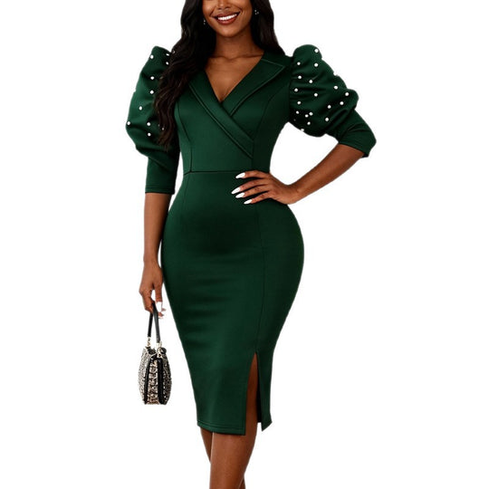 Damen figurbetontes Kleid mit eleganten Puffärmeln und Schlitz R&B
