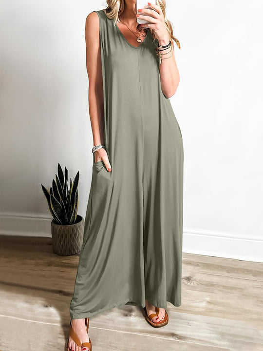 Damen ärmelloses Maxikleid mit seitlichen Taschen und fließender Silhouette R&B