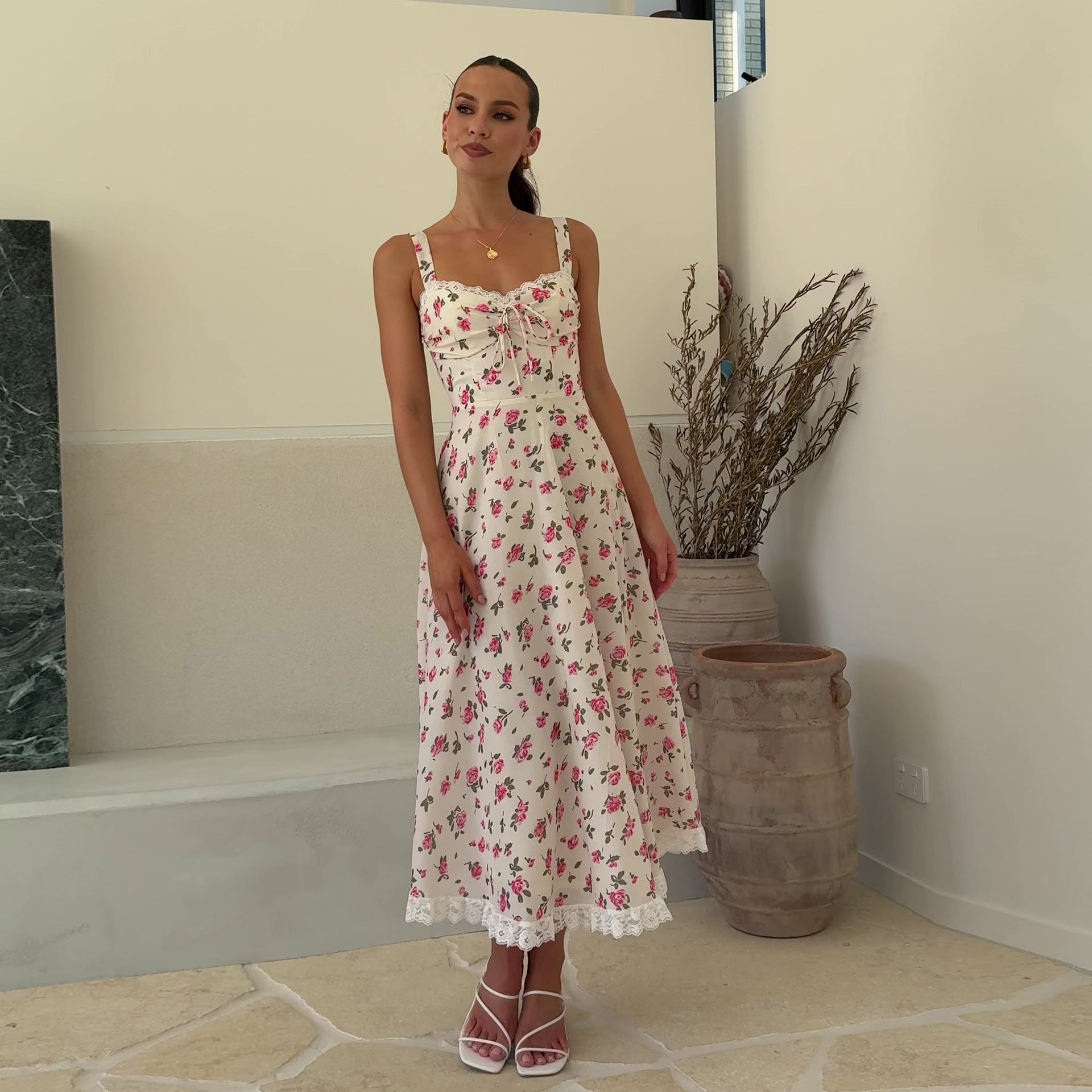Damen Midi-Langarmkleid mit romantischem Spitzenbesatz R&B