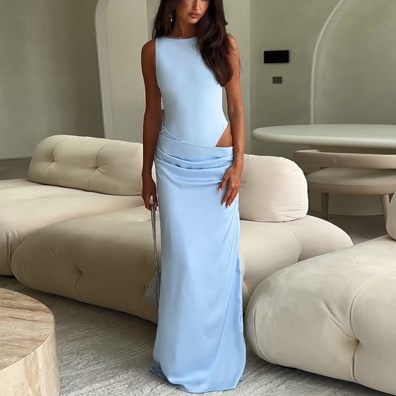 Damen elegantes Maxikleid mit asymmetrischem Design und raffiniertem Tailleneinsatz R&B