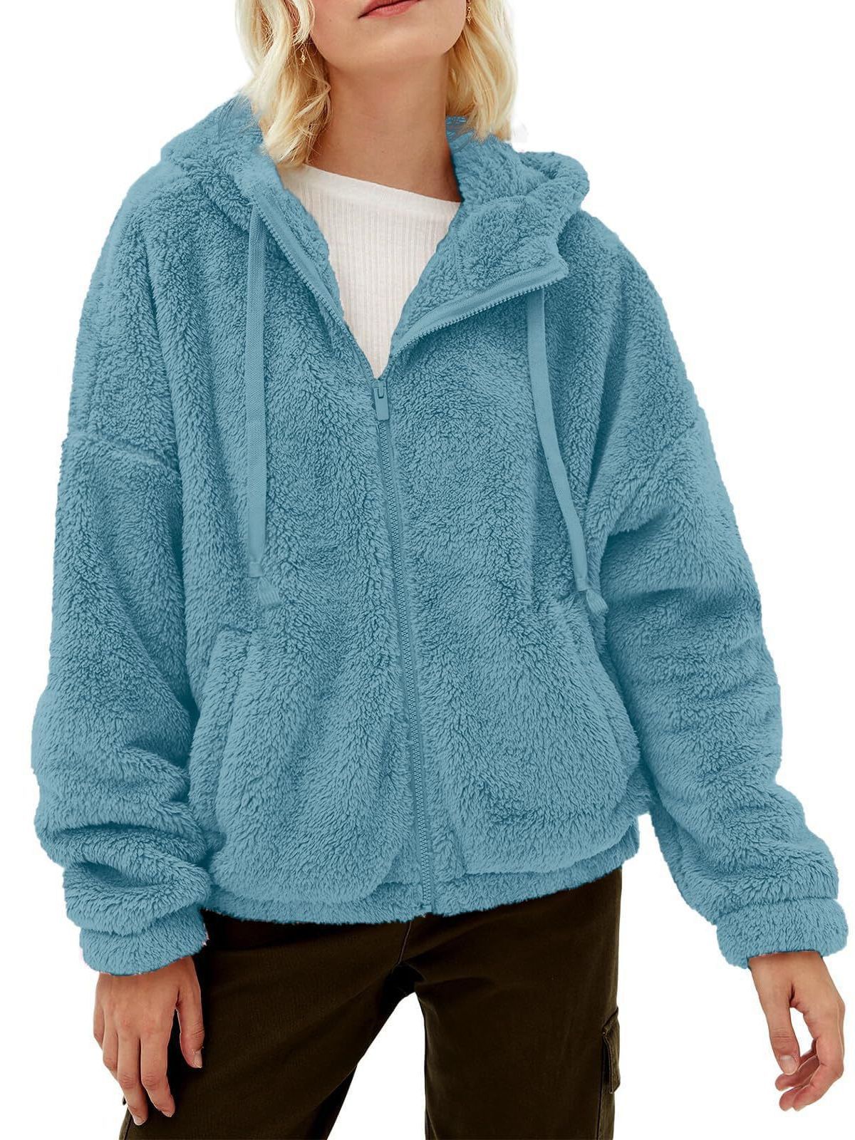 Damen Flauschige Plüschjacke mit Kapuze und Frontreißverschluss R&B