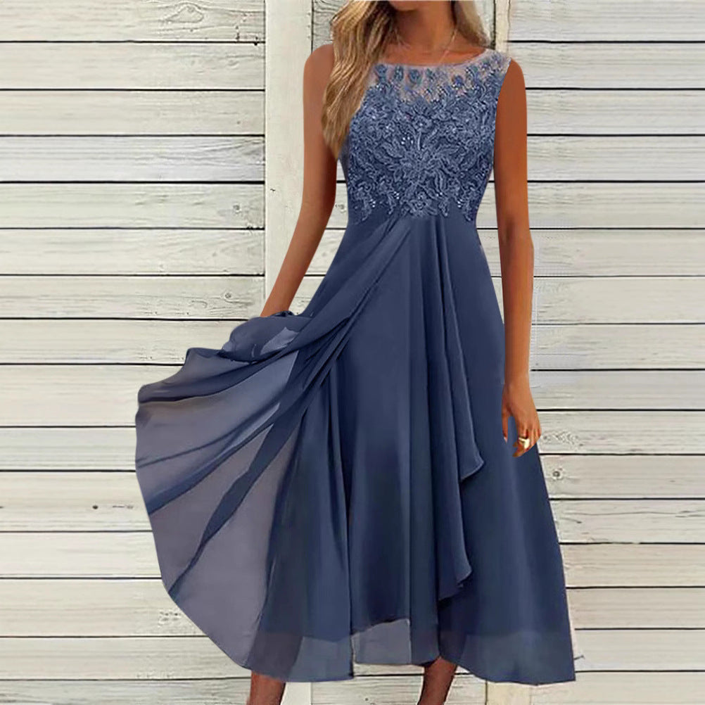 Damen nan ärmelloses Chiffon-Midikleid mit bestickter Illusionsspitze, Schiff-Ausschnitt und mehrlagigem Schwingrock R&B
