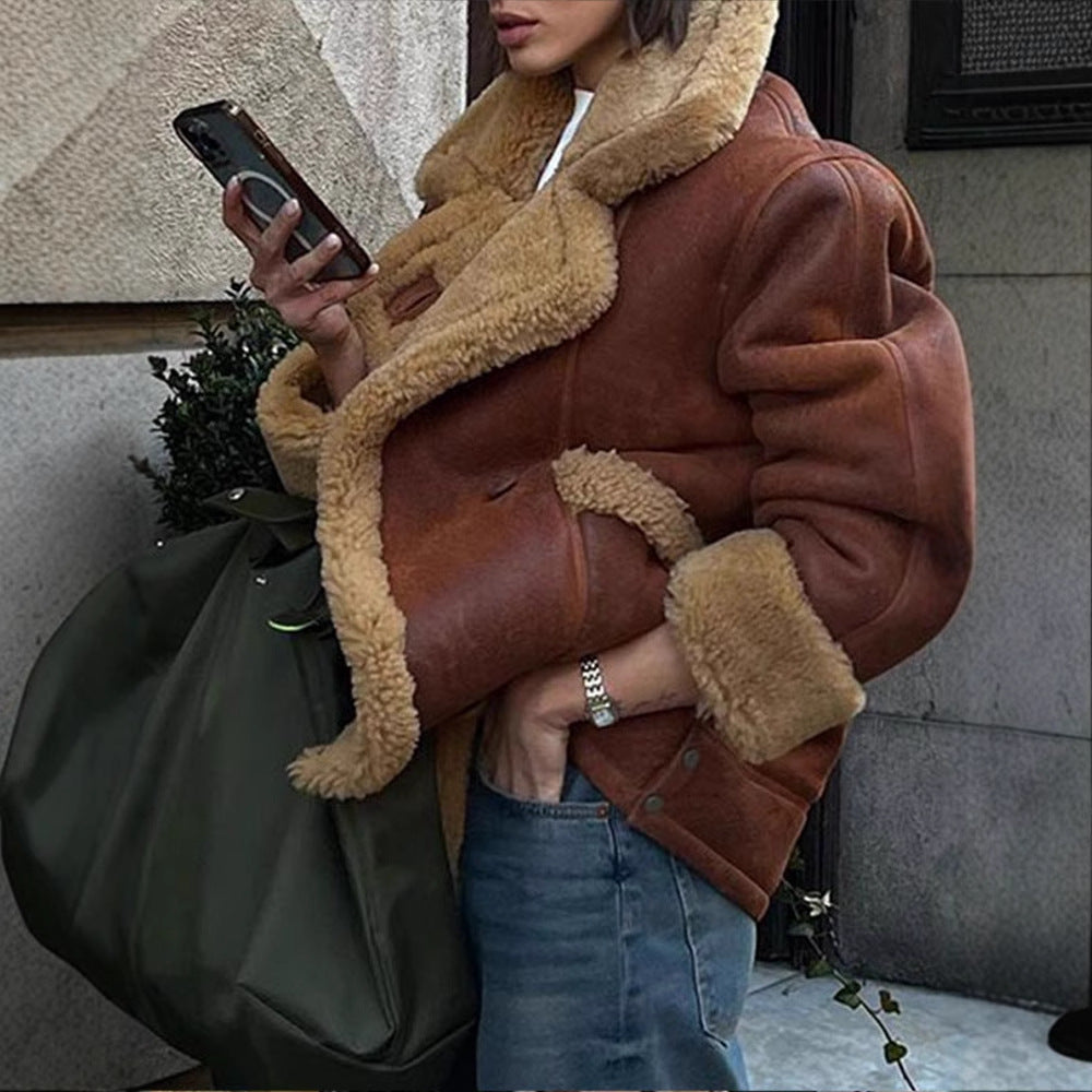 Damen Lässige und modische Teddyjacke mit großem Kragen und weich gefüttertem InnenlR&Ben R&B