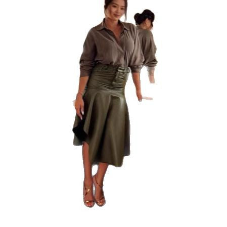 Damen Elegante Kunstleder Midi-Rock mit schwingendem Saum R&B