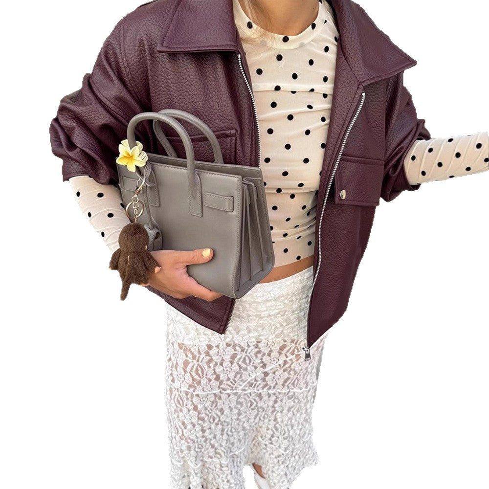 Damen lässige cropped Kunstlederjacke mit voluminösen Ärmeln R&B