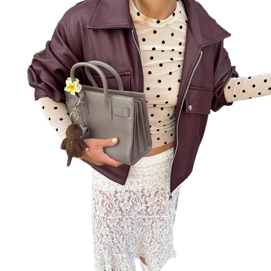 Damen lässige cropped Kunstlederjacke mit voluminösen Ärmeln R&B