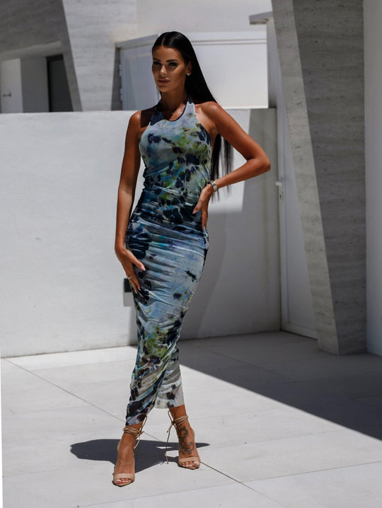 Damen figurbetontes Maxikleid mit elegantem Wickeldesign und modernem Tie-Dye-Muster R&B