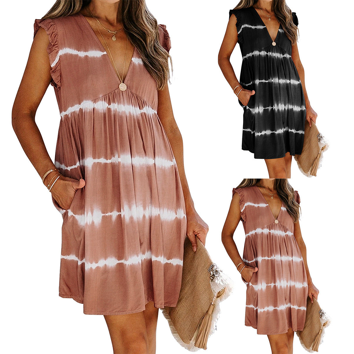 Damen Sommerkleid mit V-Ausschnitt und Rüschenärmel R&B