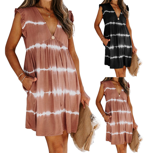 Damen Sommerkleid mit V-Ausschnitt und Rüschenärmel R&B
