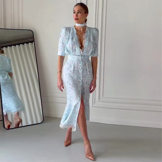 Damen Elegantes Midi-Kleid mit schimmerndem Chiffon und tiefem V-Ausschnitt R&B