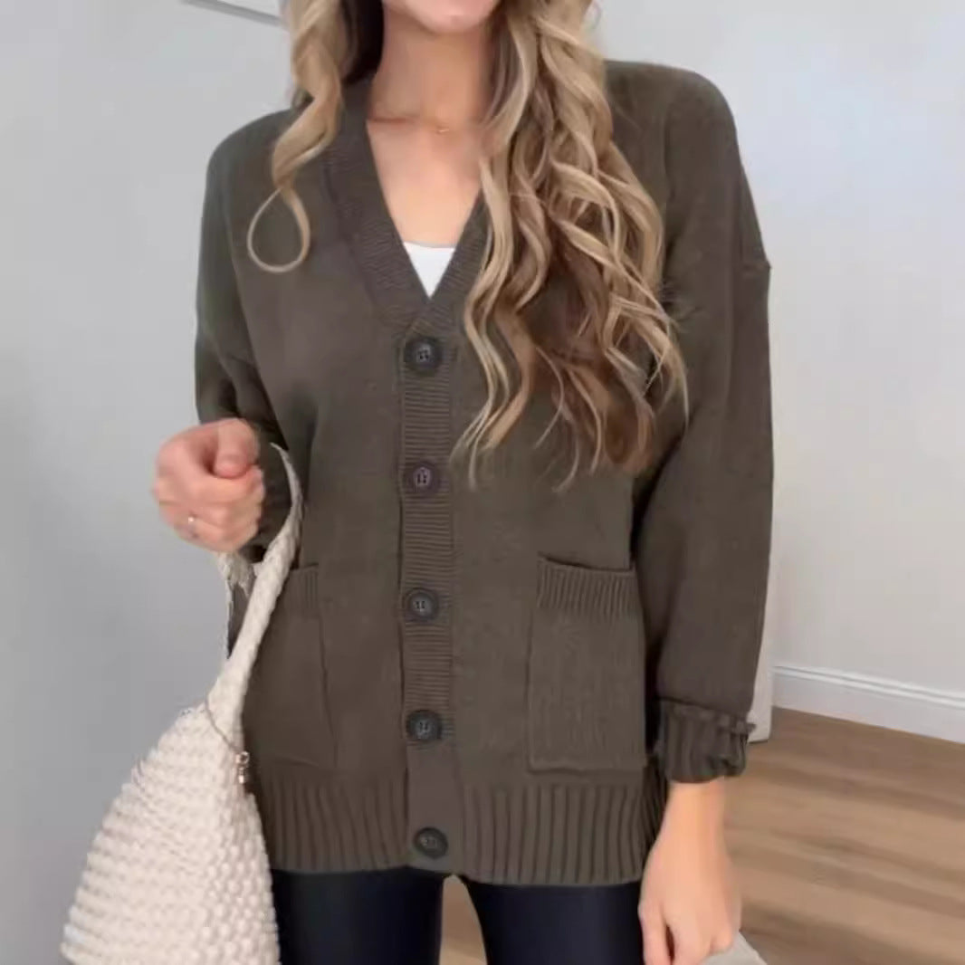 Damen Strickjacke mit Taschen und modernen Knöpfen R&B