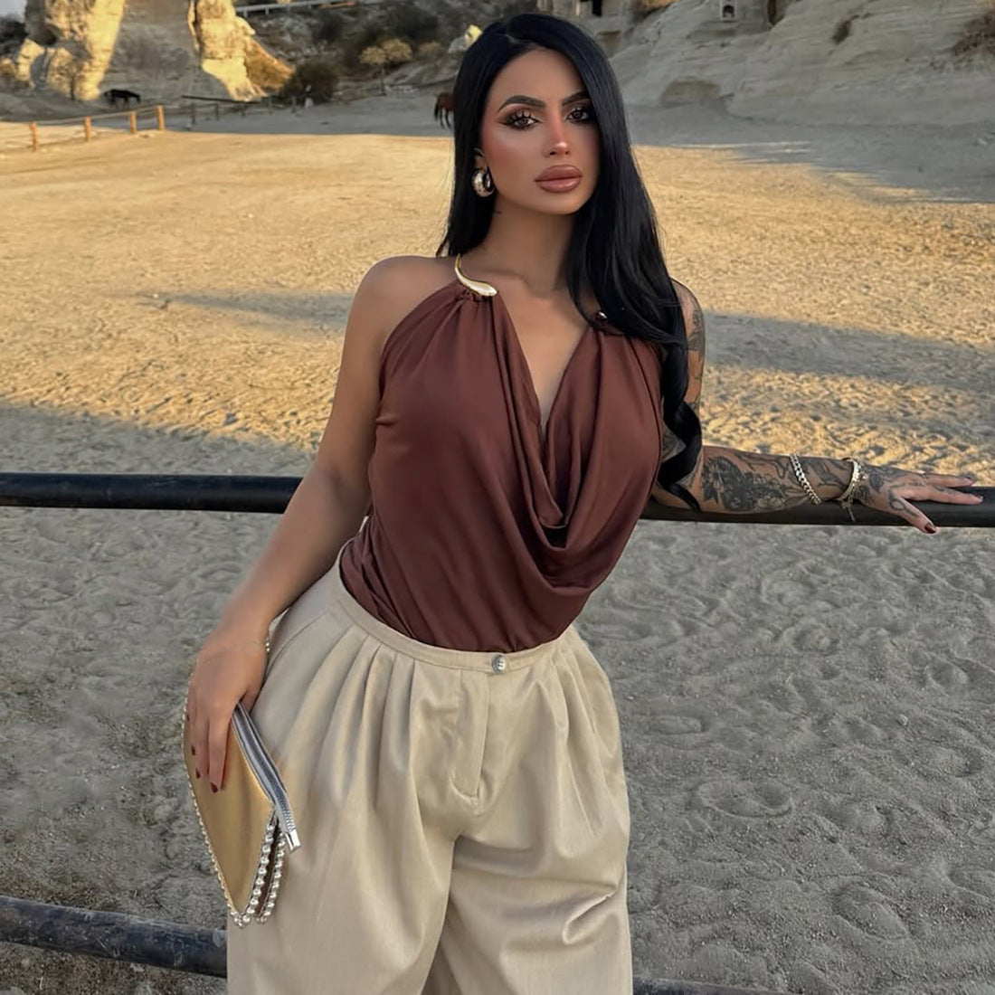 Damen Wickeltop mit raffiniertem Ausschnitt und eleganter Drapierung R&B