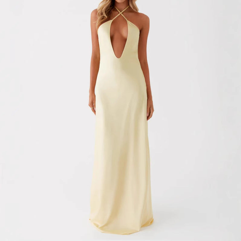Damen Maxikleid mit tiefem V-Ausschnitt und eleganter Rückenansicht R&B