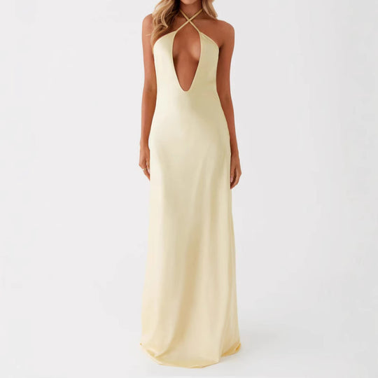 Damen Maxikleid mit tiefem V-Ausschnitt und eleganter Rückenansicht R&B