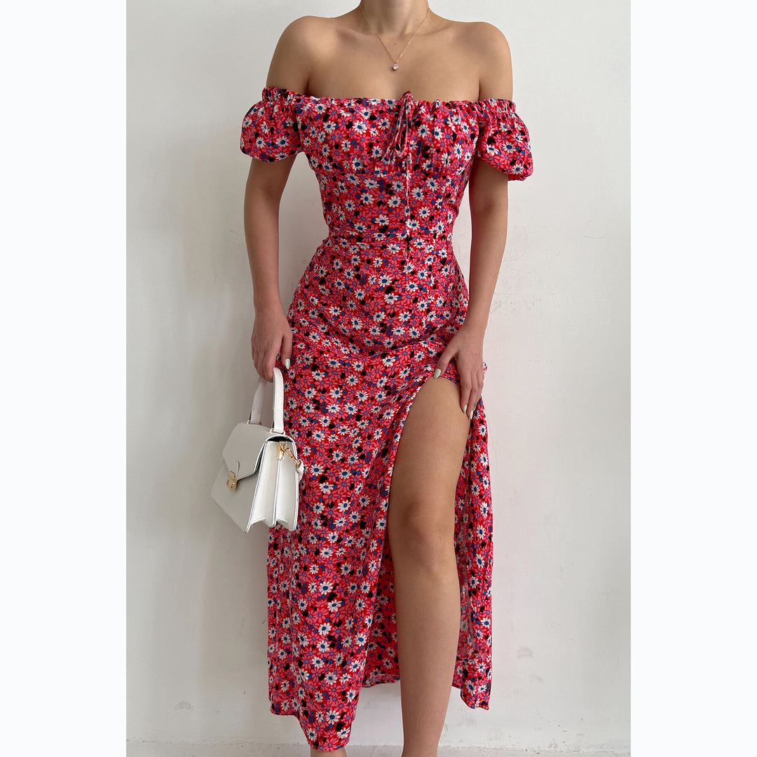 Damen Off-Shoulder Maxikleid mit floralem Design und elegantem Schlitz R&B